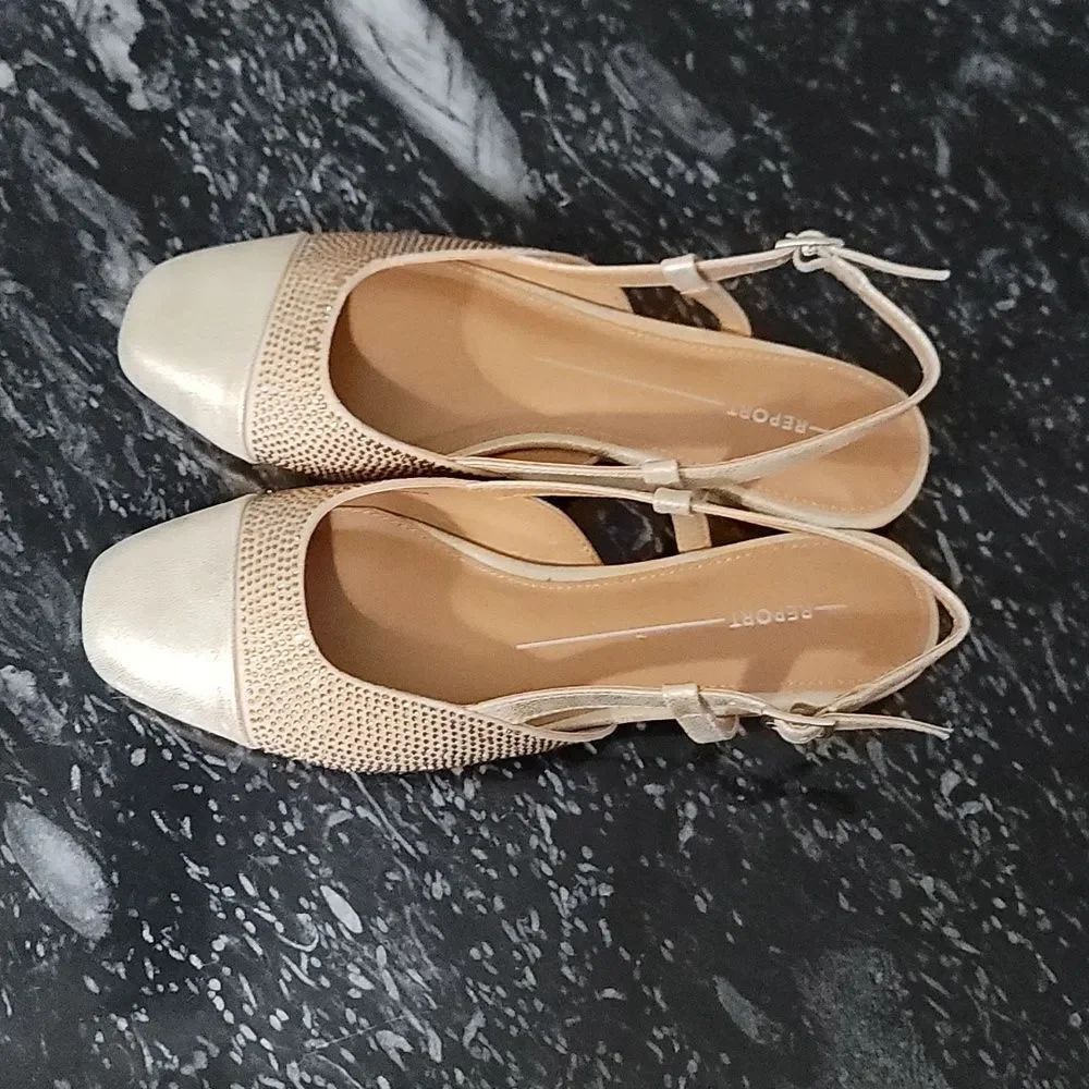 BRAND NEW REPORT MIKKI Elegant CREAM and GOLD  WOMENS SLINGBACK FLAT SHO…